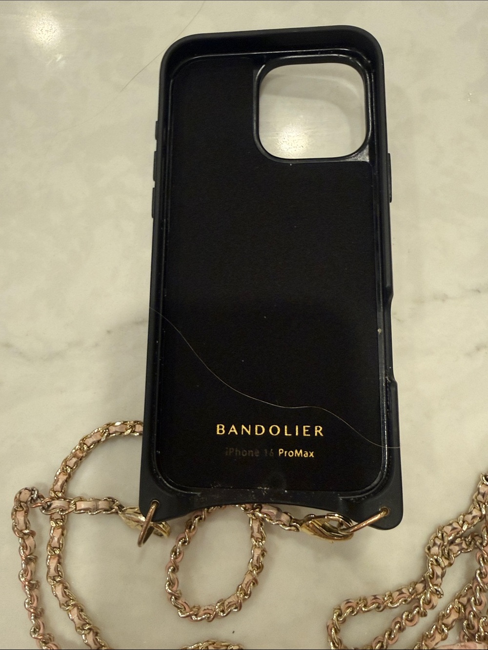 Bandolier iPhone 16 Pro Max Case in pink snake skin with Gold Chain - Picture 3 of 10